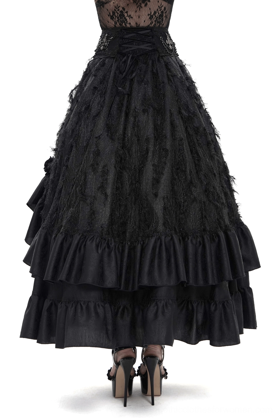 Black gothic ruffle maxi skirt back view showing corset lacing and layered ruffles with platform heels