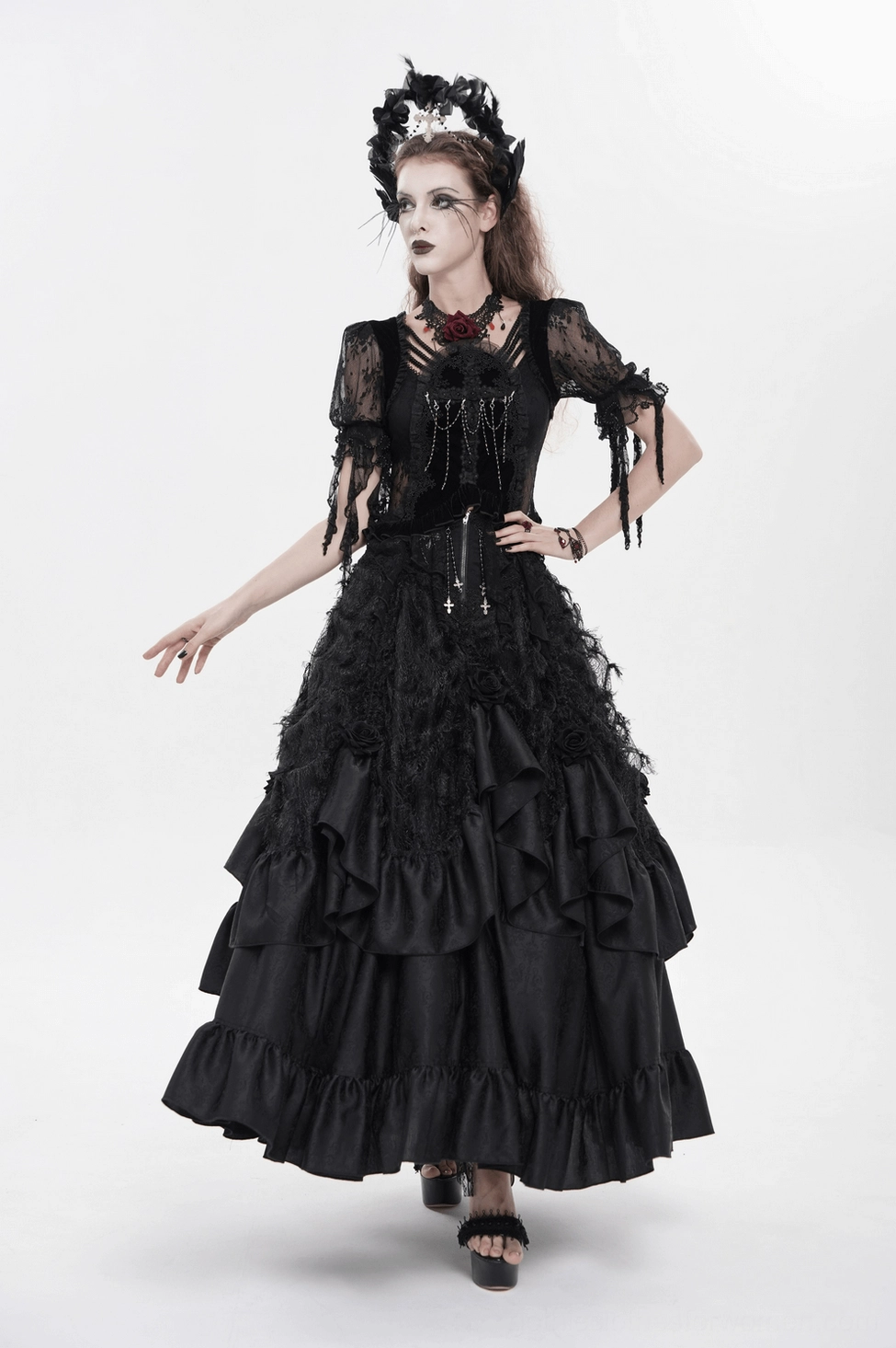 Black gothic ruffle maxi skirt full view showing corset back and romantic dark aesthetic
