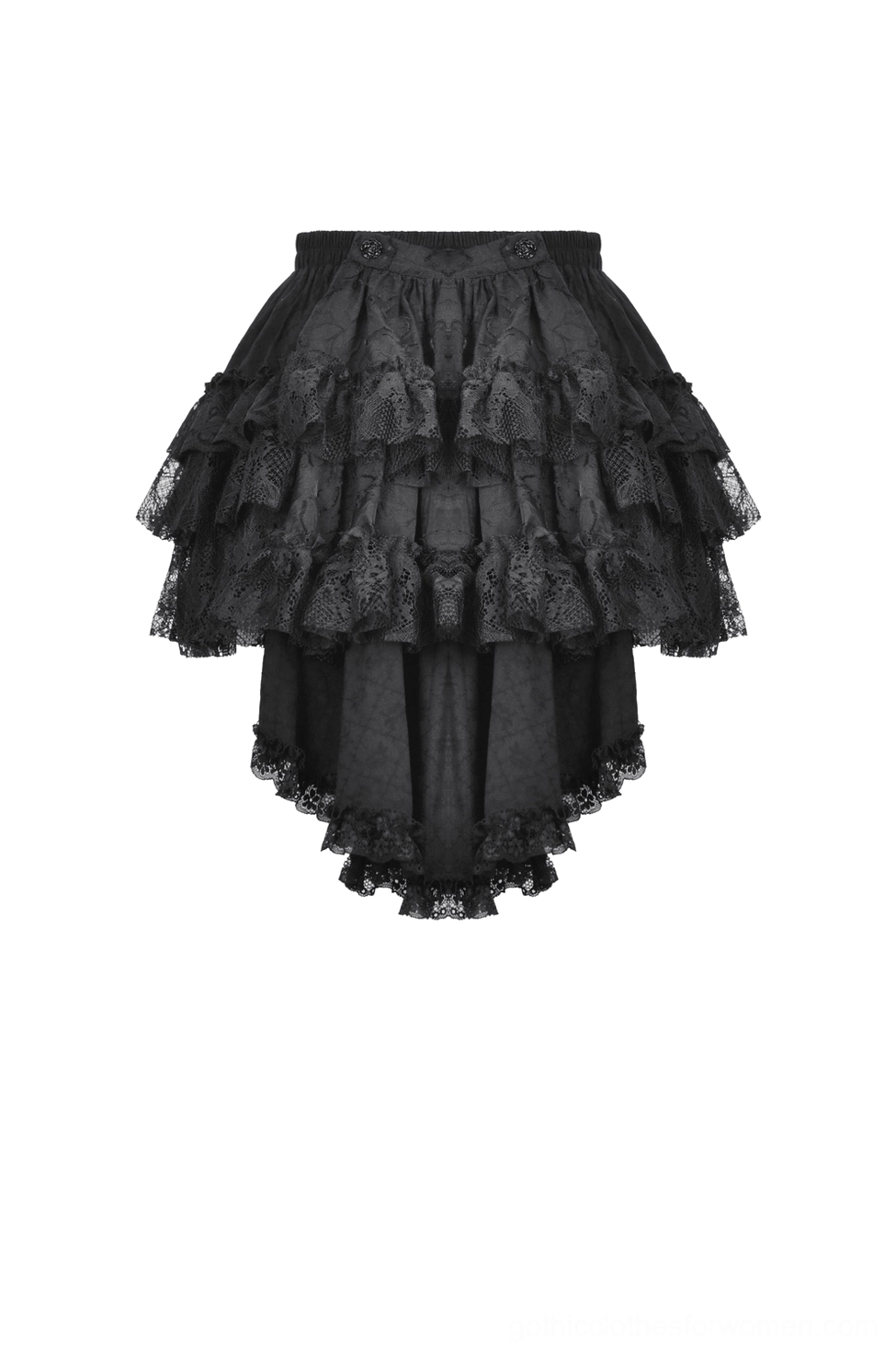 Black tiered ruffle gothic mini skirt - front flat lay showing asymmetrical hem and lace layers