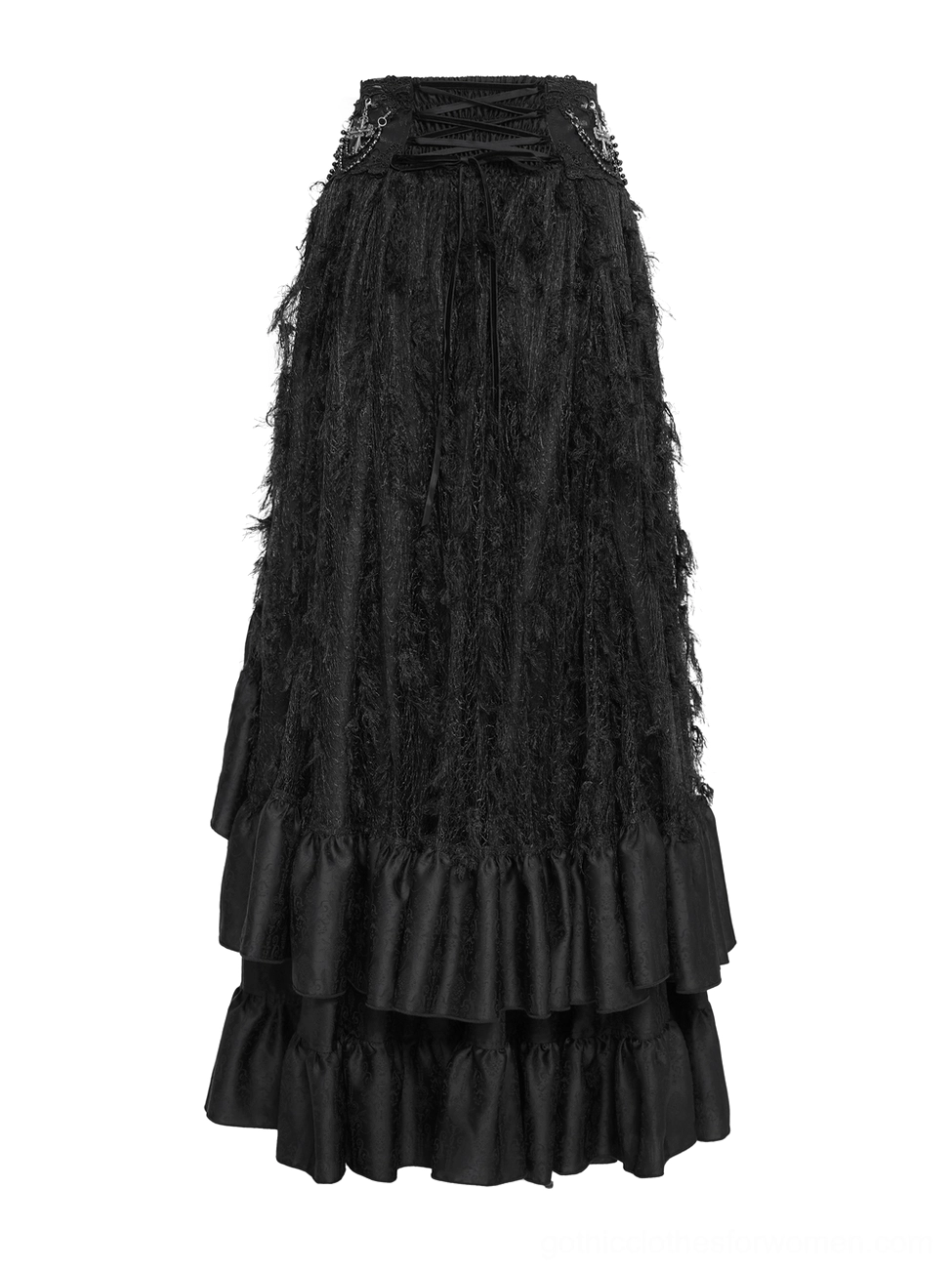 Black gothic ruffle maxi skirt front full body view with corset waist and fuzzy lace overlay