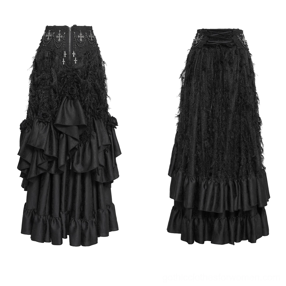 Black gothic ruffle maxi skirt rear partial view with fuzzy lace and cross embellishments close-up