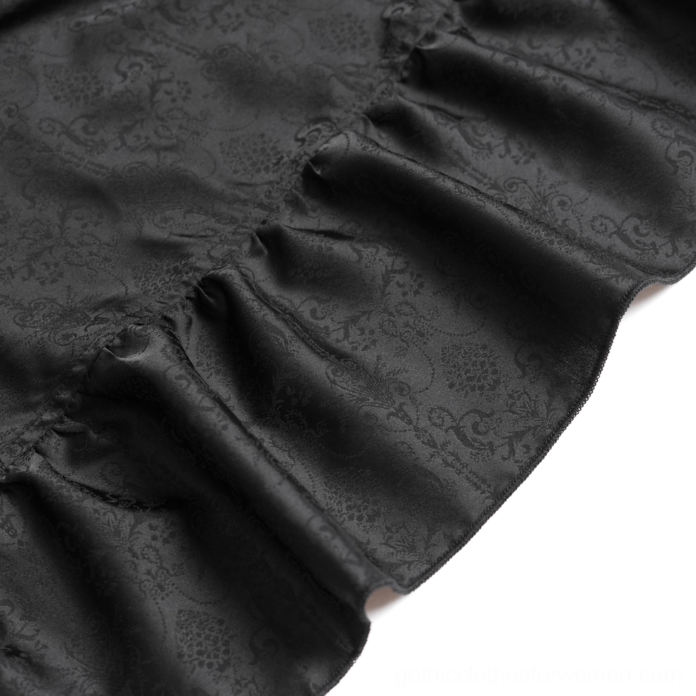 Black gothic ruffle maxi skirt hem detail showing satin ruffles and lace overlay