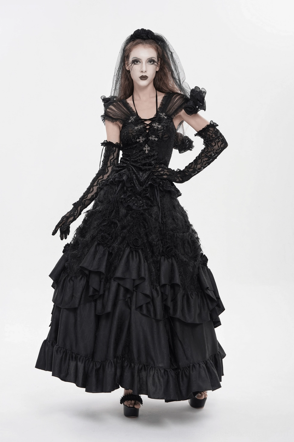 Black gothic ruffle maxi skirt side view showing movement of layered satin ruffles