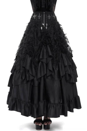 Black gothic ruffle maxi skirt rear view with cross charms and tiered satin ruffles on white background