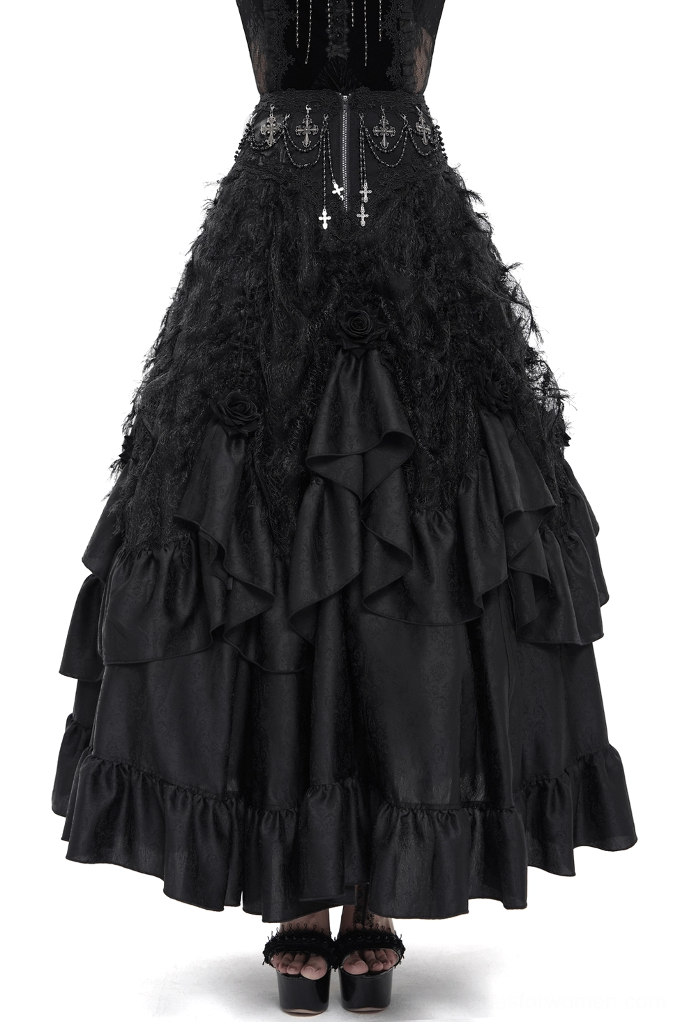 Black gothic ruffle maxi skirt rear view with cross charms and tiered satin ruffles on white background