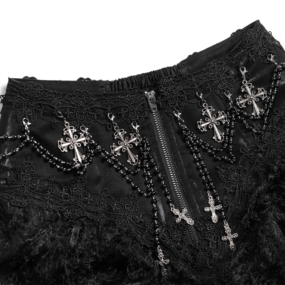 Black gothic ruffle maxi skirt rear side view with cross waist charms and layered ruffles