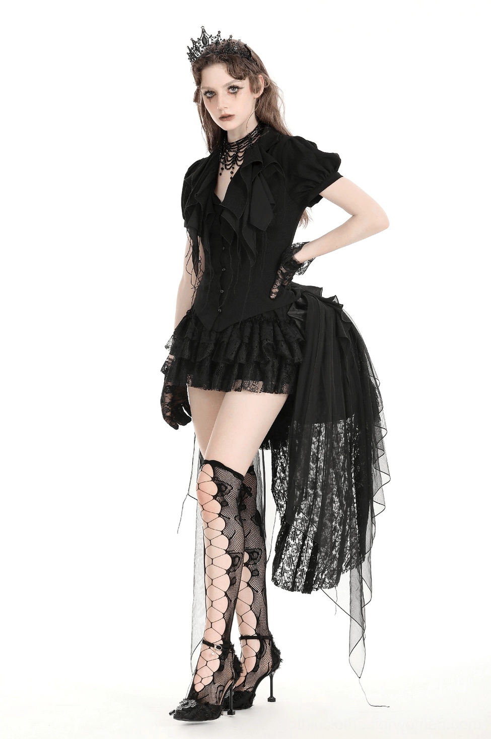 Black gothic tiered ruffle skirt with elastic waistband - side flat lay showing ruffles movement