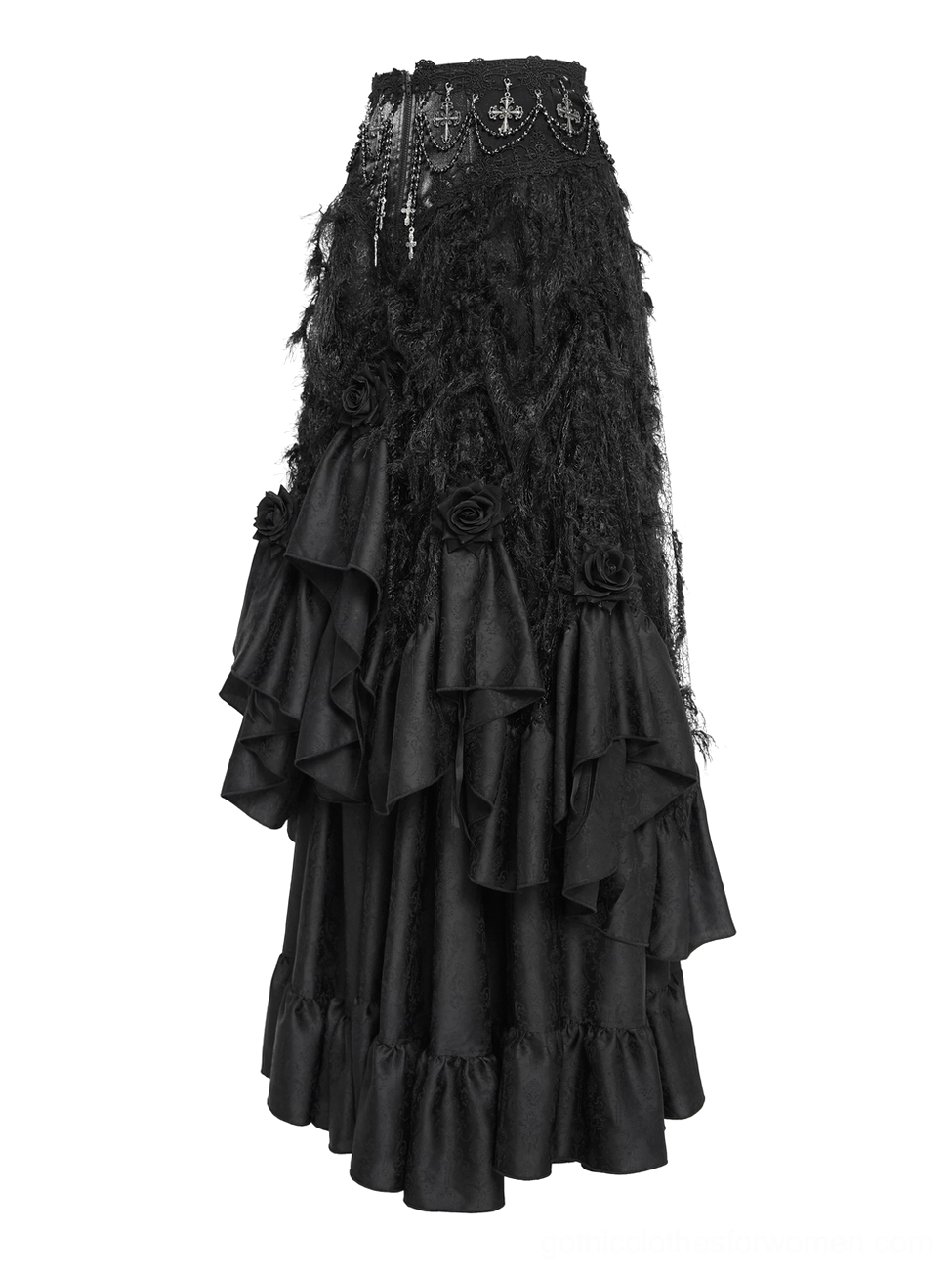 Black gothic ruffle maxi skirt side full body view displaying satin ruffled hem and silhouette