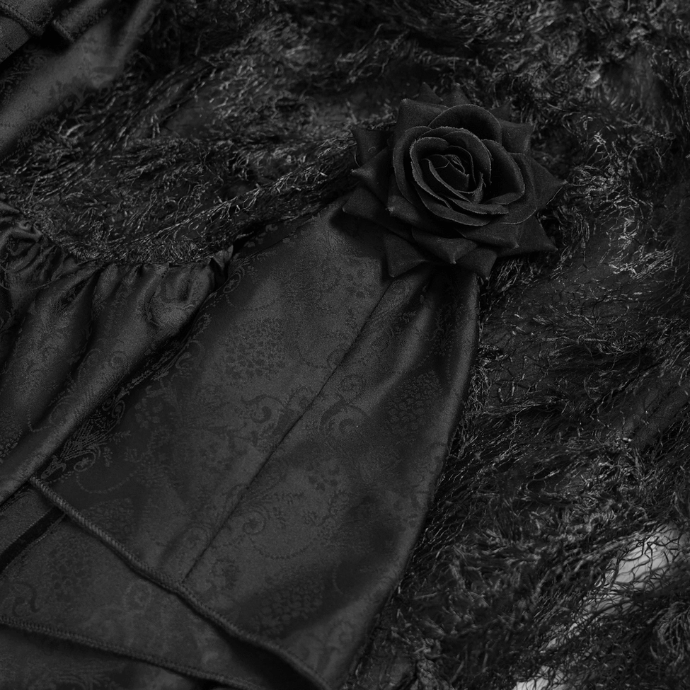 Black gothic ruffle maxi skirt waistband close-up showing metal crosses lace trim and decorative chain details