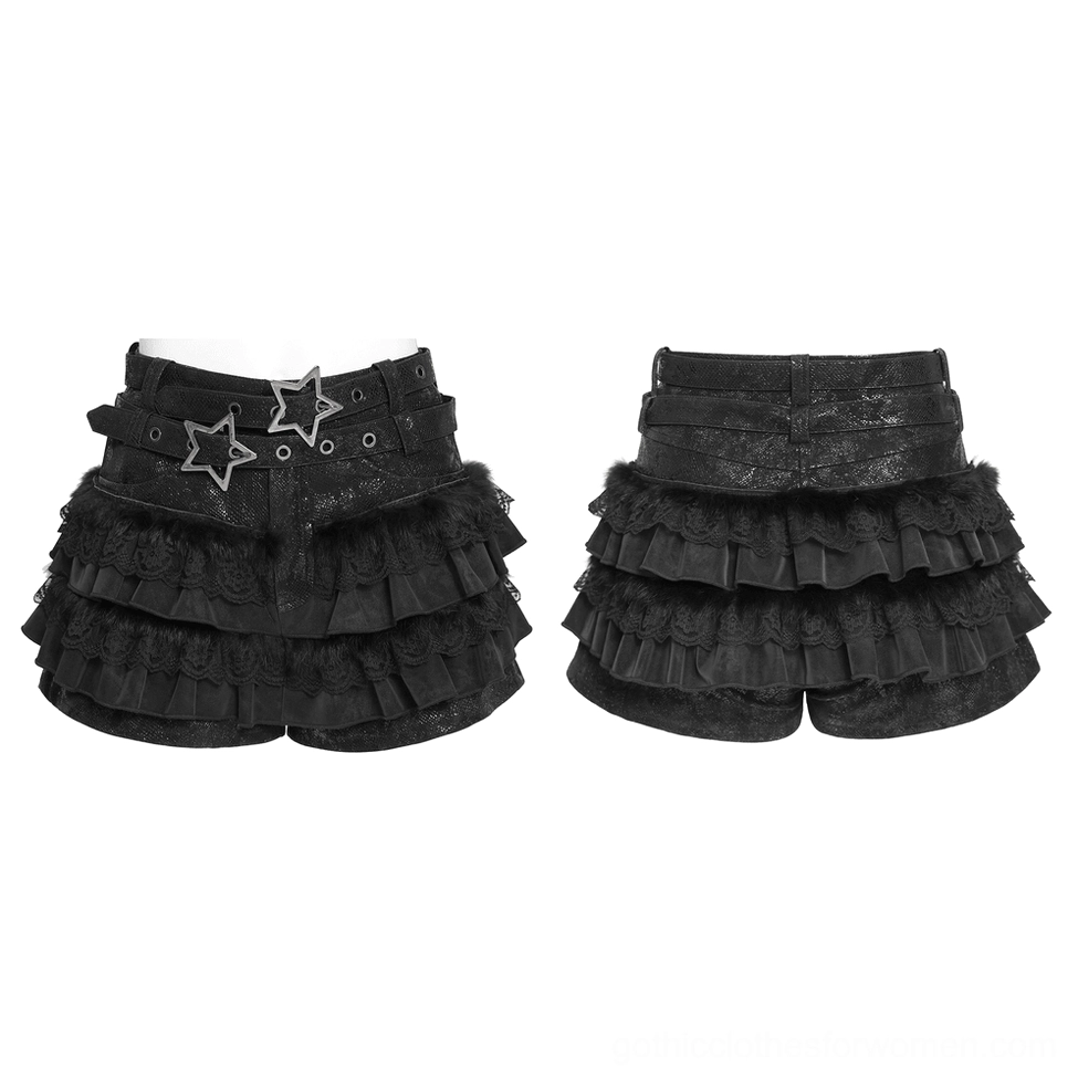 Flat lay product display of black gothic ruffle skorts showing dual star buckles and ruffled hem