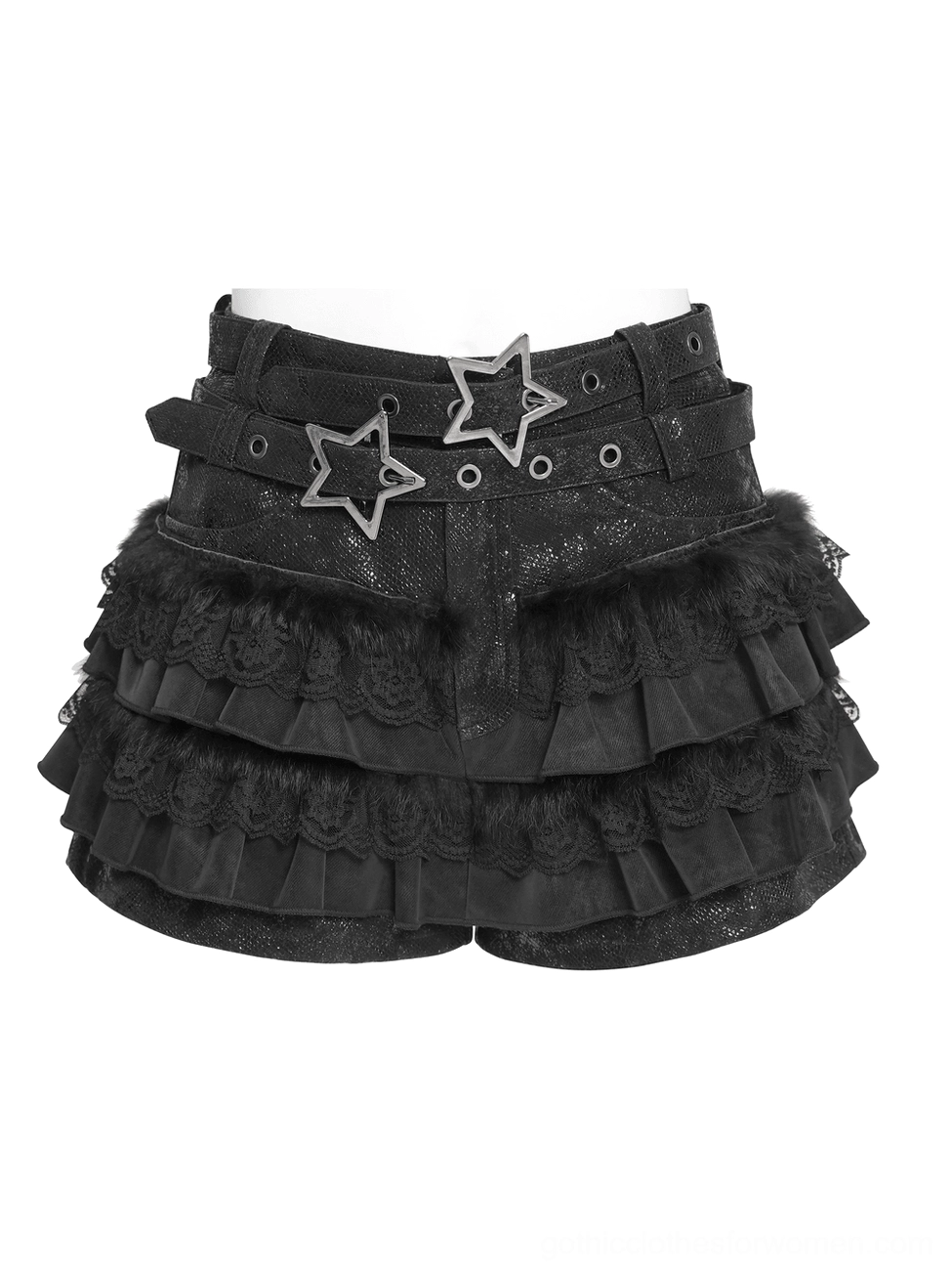 Flat lay front view of black gothic ruffle skort with dual star buckles and lace trim