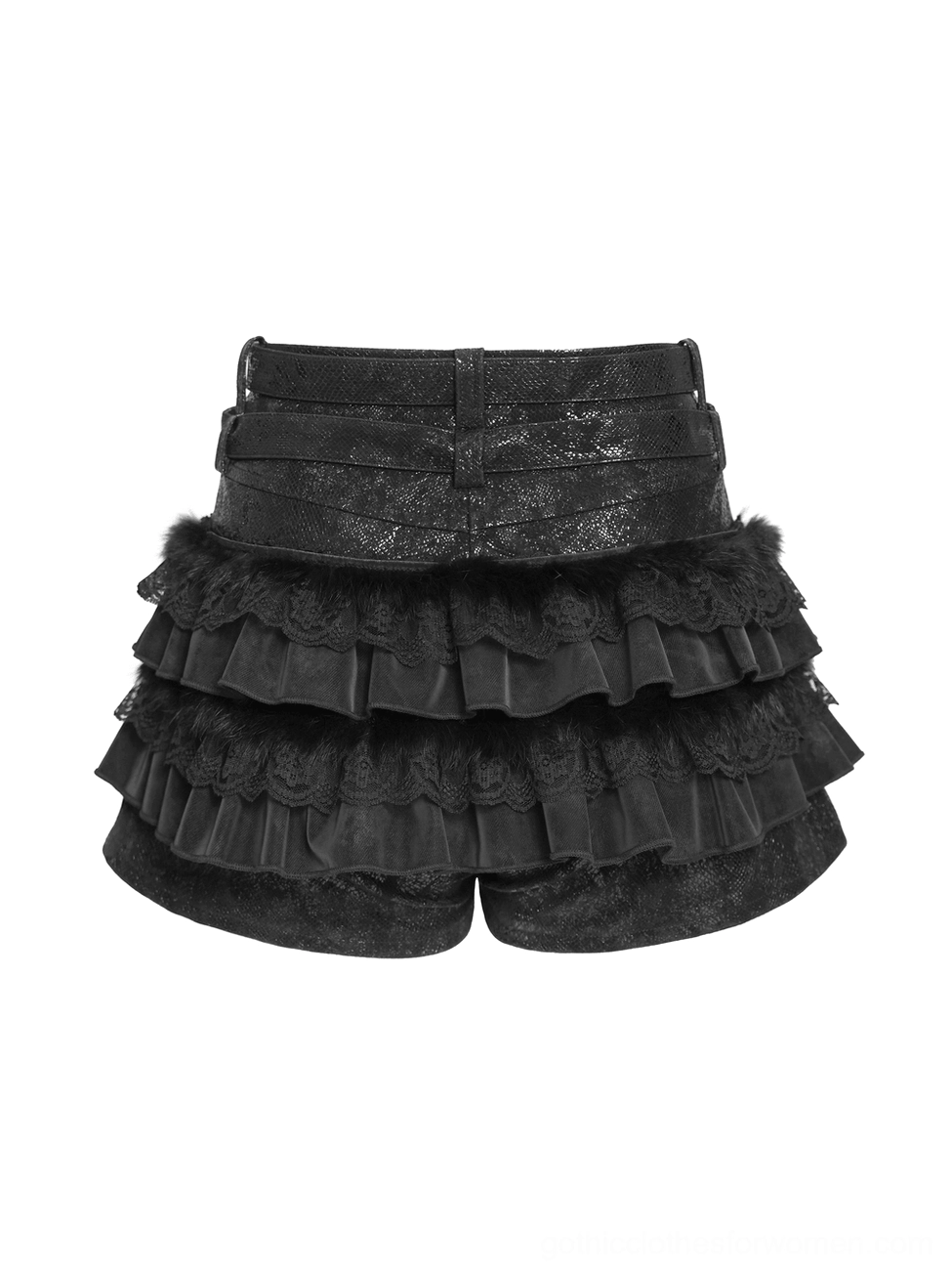 Flat lay front view of black gothic ruffle skort with high waist and layered ruffle hem design