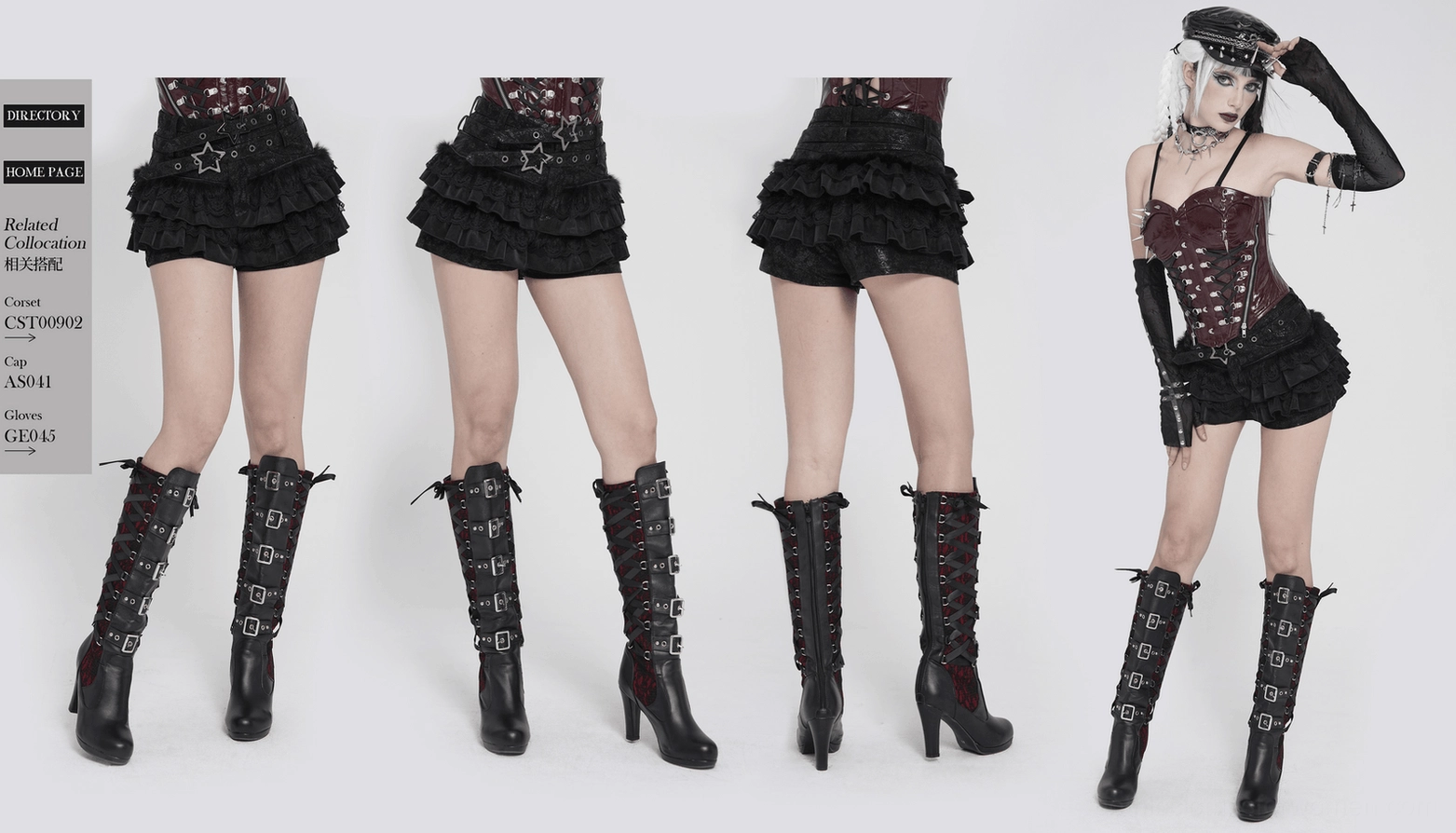 Black gothic ruffle skort with shiny textured fabric and star hardware gothic fashion showcase