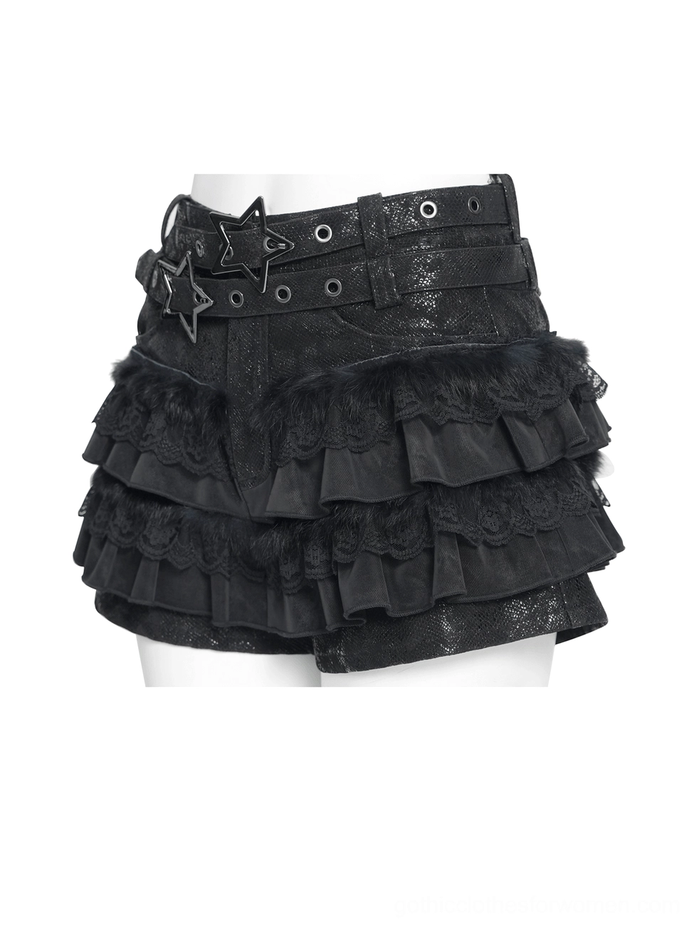 Flat lay side view of black gothic ruffle skort showing star belt with eyelets and side ruffles