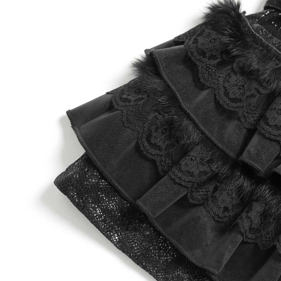 Black layered gothic ruffle skort product detail shot showing texture and ruffle construction