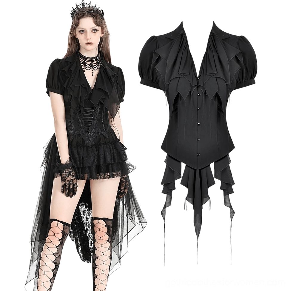 Black gothic blouse flat lay and styled look with puff sleeves and tulle hem