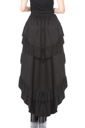 Black gothic ruffled skirt back view showing multi-layered ruffle hem and fitted silhouette on model, worn with fishnet stockings and platform boots