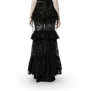 Black gothic transparent maxi skirt back view showing layered ruffled hem and sheer flocking mesh fabric
