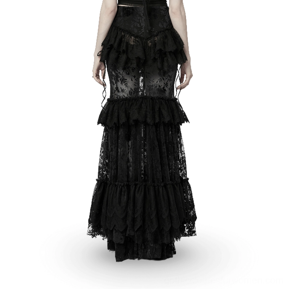Black gothic transparent maxi skirt back view showing layered ruffled hem and sheer flocking mesh fabric
