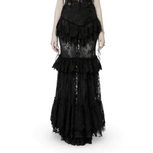 Black gothic sheer maxi skirt front view featuring tiered lace ruffles and velvet side drawcords on white background