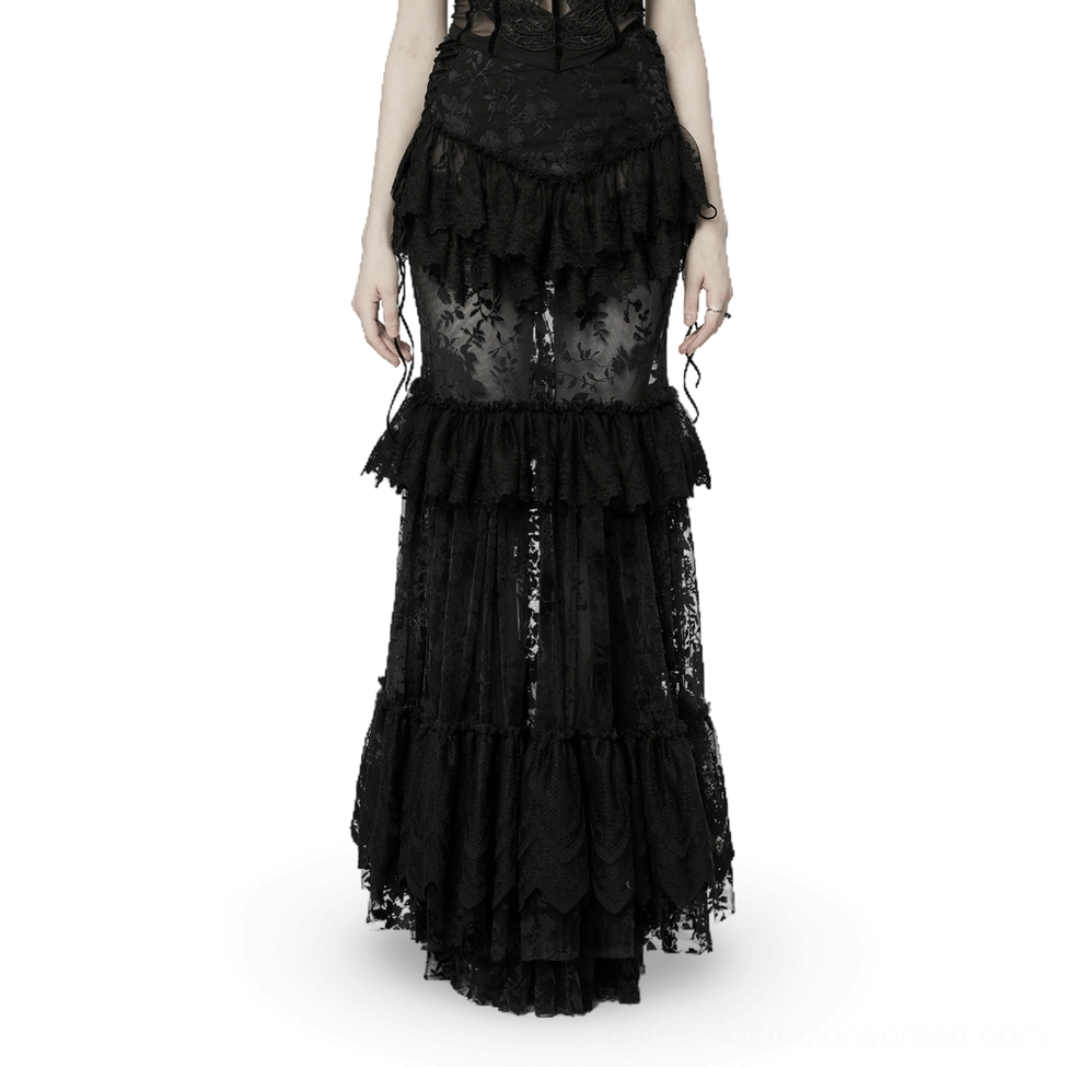 Black gothic sheer maxi skirt front view featuring tiered lace ruffles and velvet side drawcords on white background