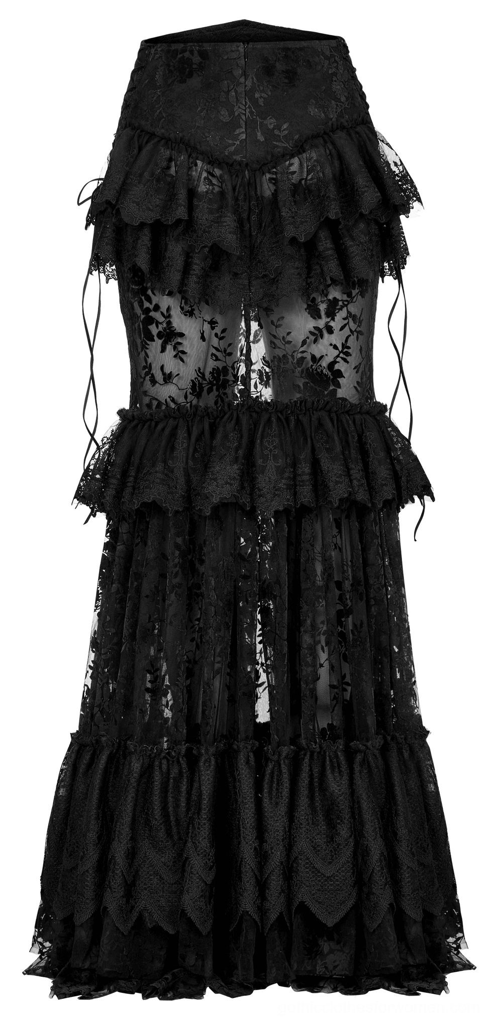 Black gothic sheer maxi skirt front three-quarter view showing symmetrical ruffled tiers, scalloped lace hem, and floral mesh fabric
