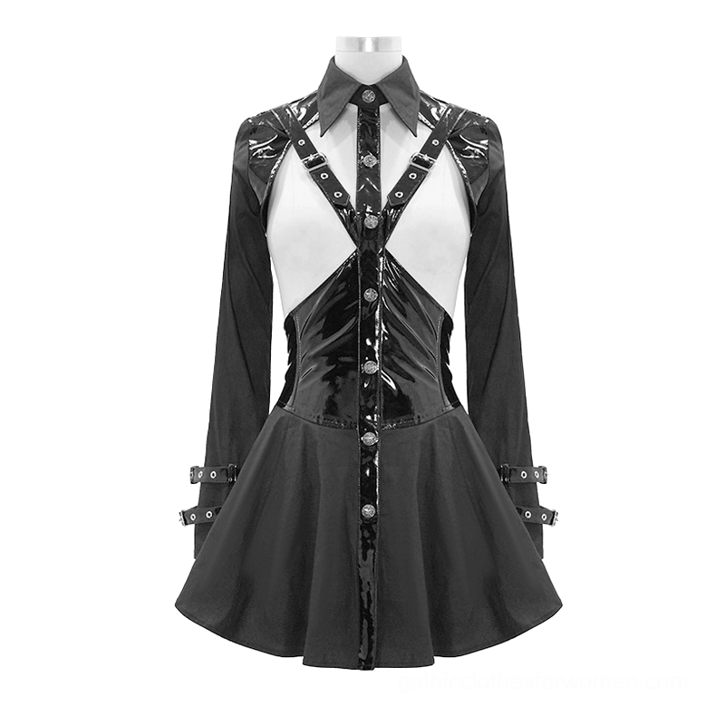 Black gothic shirt with hollow bust and patent leather trim on mannequin