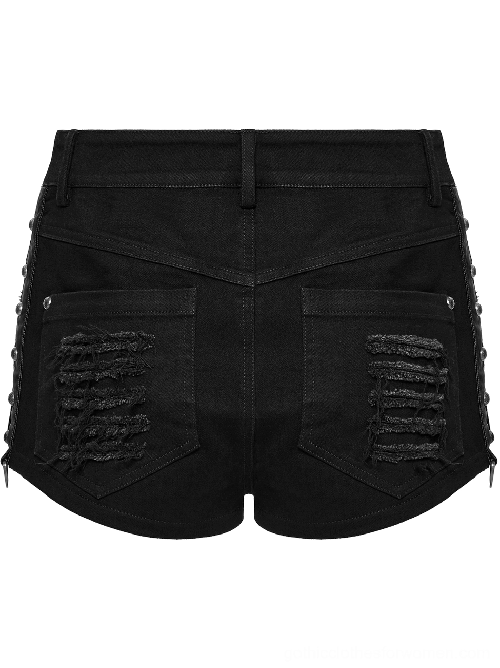 Back flat lay of black gothic distressed shorts highlighting back pockets and metal studs along side seams