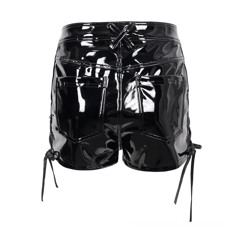 Back straight view of punk gothic shorts with dual functional pockets, side drawstrings, and architectural waist design