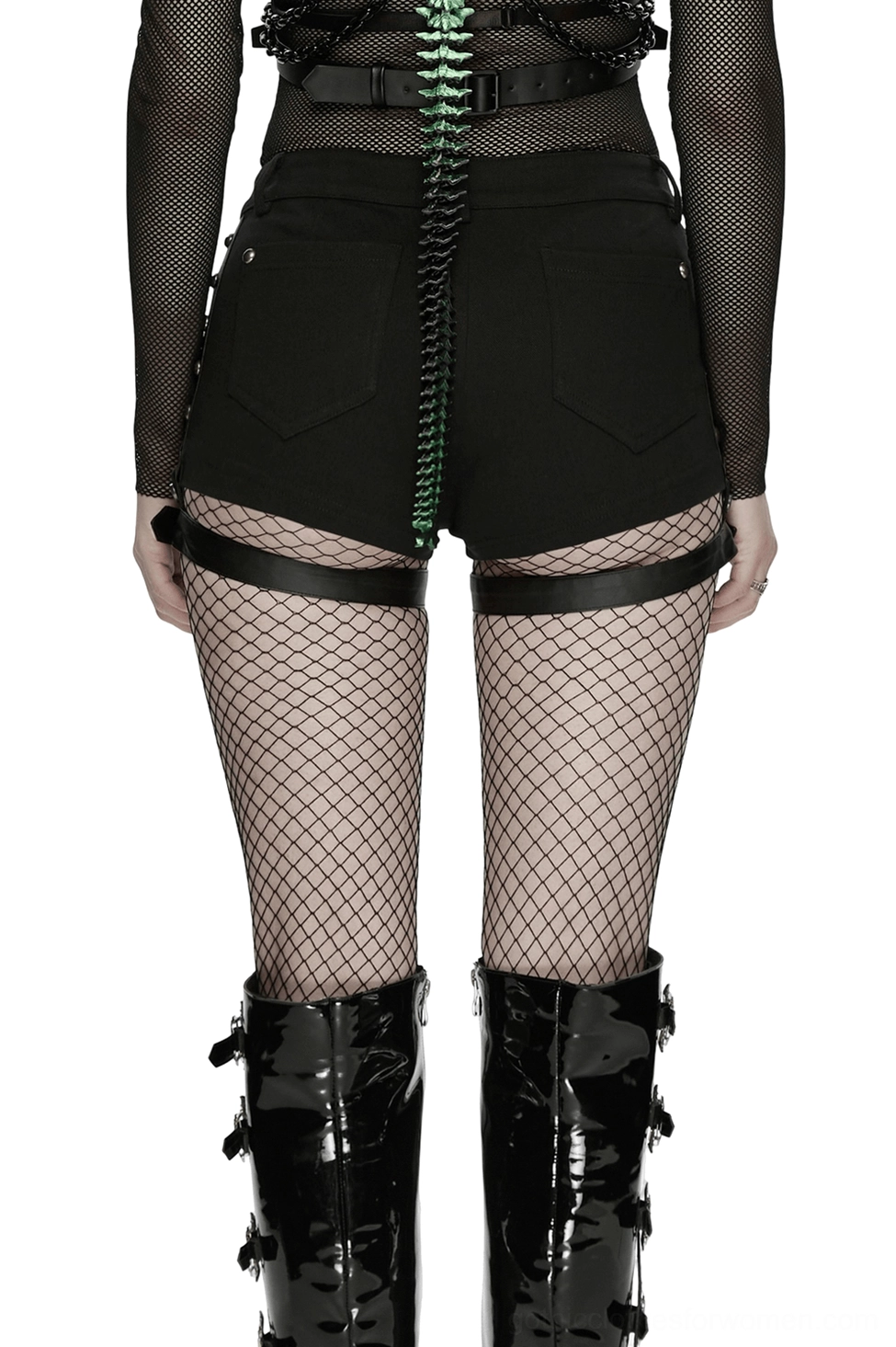 Gothic micro shorts with back view showing adjustable leg straps, back pockets, and mesh panel detail with model wearing fishnet stockings