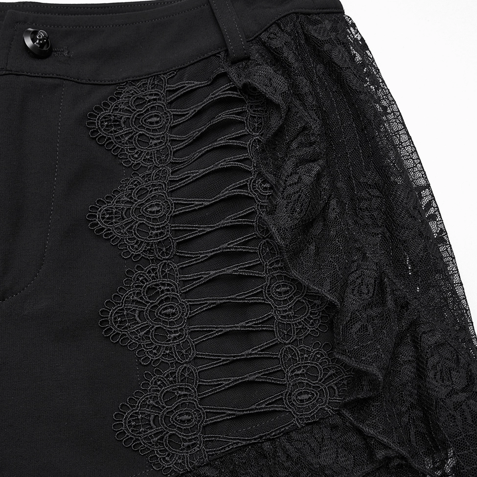 Black lace gothic shorts button waistband detail - embroidered lace panel close-up