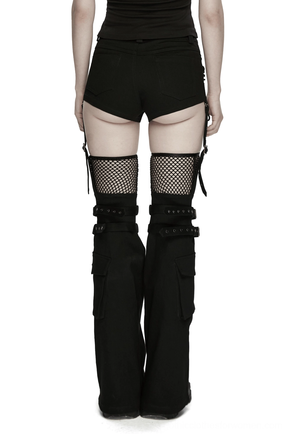 Back view of black gothic shorts with detachable flared legs showing low-rise construction and buckle strap details on model