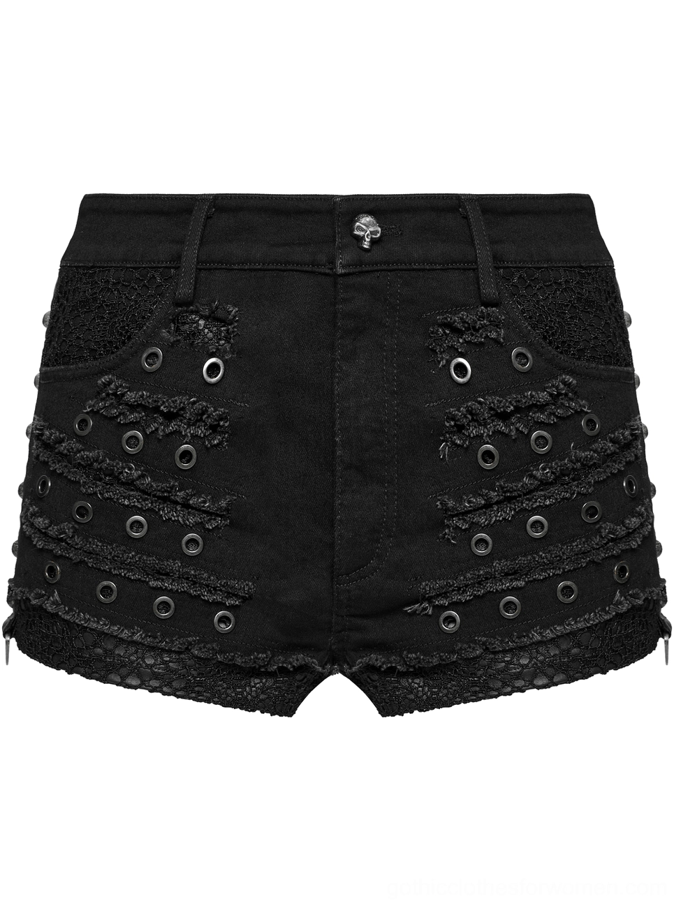 Detailed flat lay of black gothic shorts showing metal grommet eyelets and delicate black lace panel trim accents