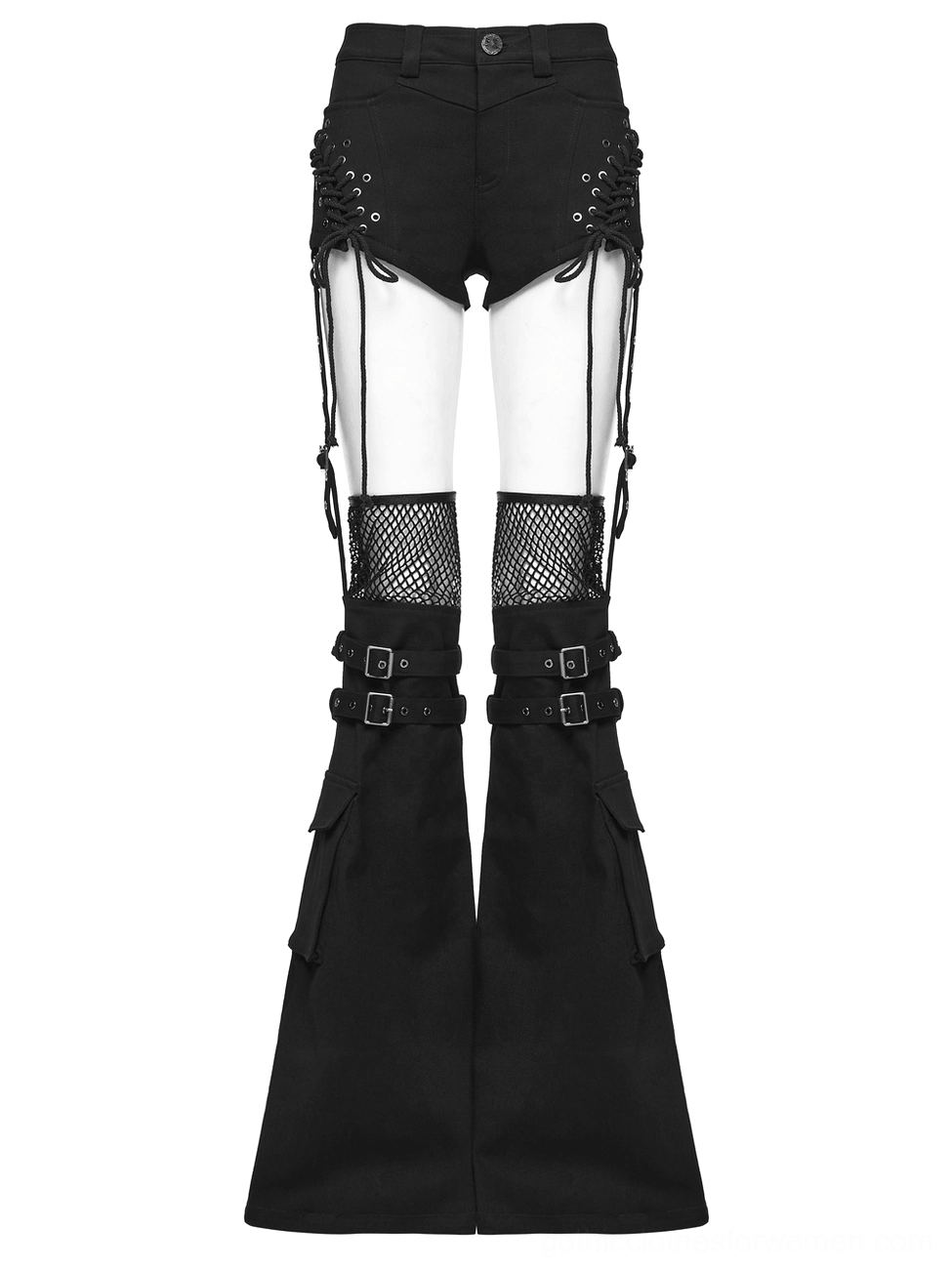 Back flat lay view of black gothic shorts with flared leg covers showing low-rise design and detachable components