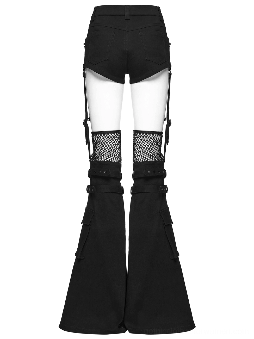 Complete flat lay of black gothic shorts and detachable flared leg set showing back view with cargo pocket details