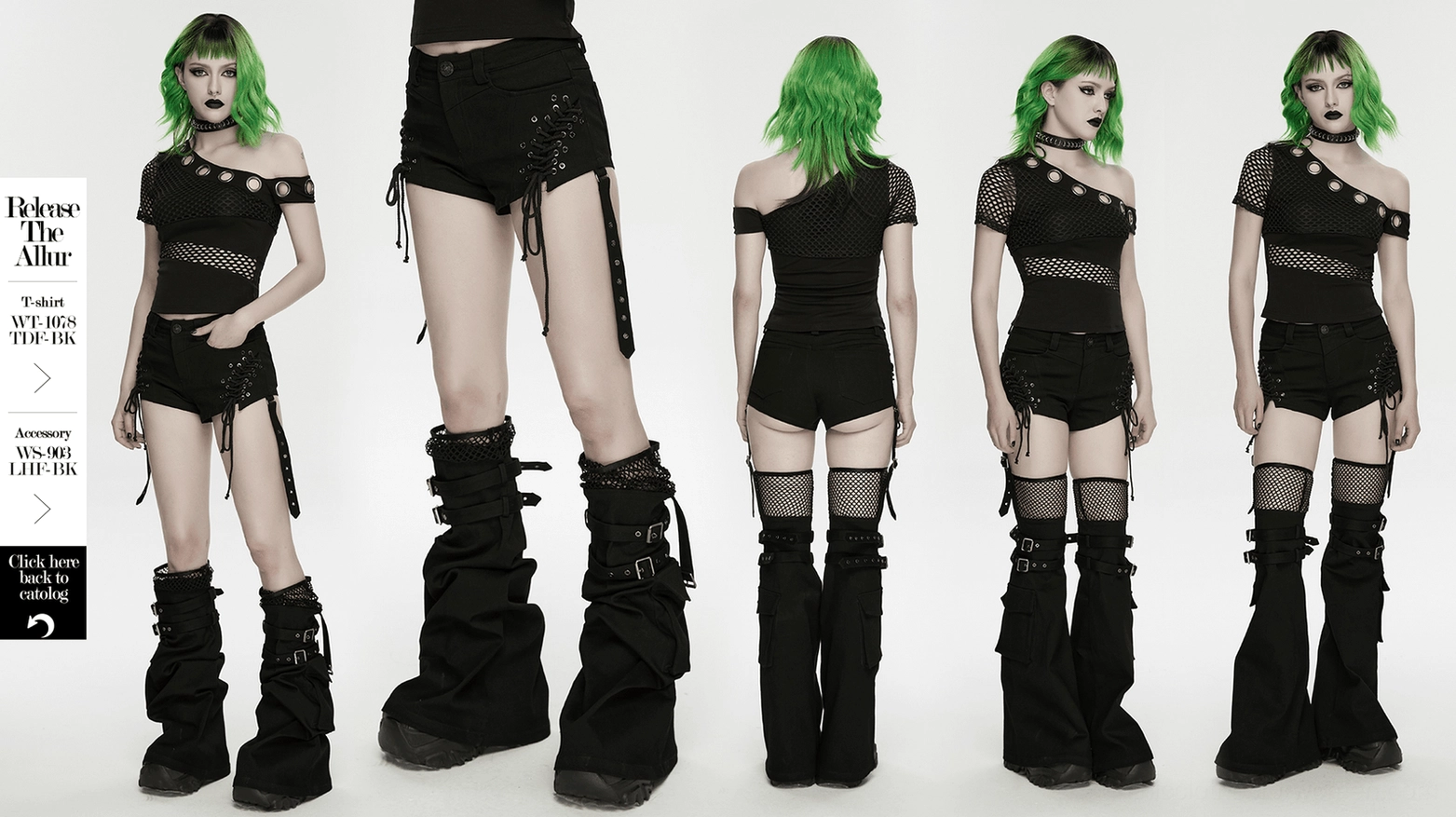 Side profile flat lay of complete black gothic shorts and detachable leg warmer set highlighting structure and silhouette