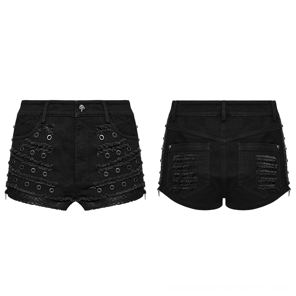Black distressed gothic denim shorts flat lay front and back display, highlighting skull waist button and all distressed pocket details