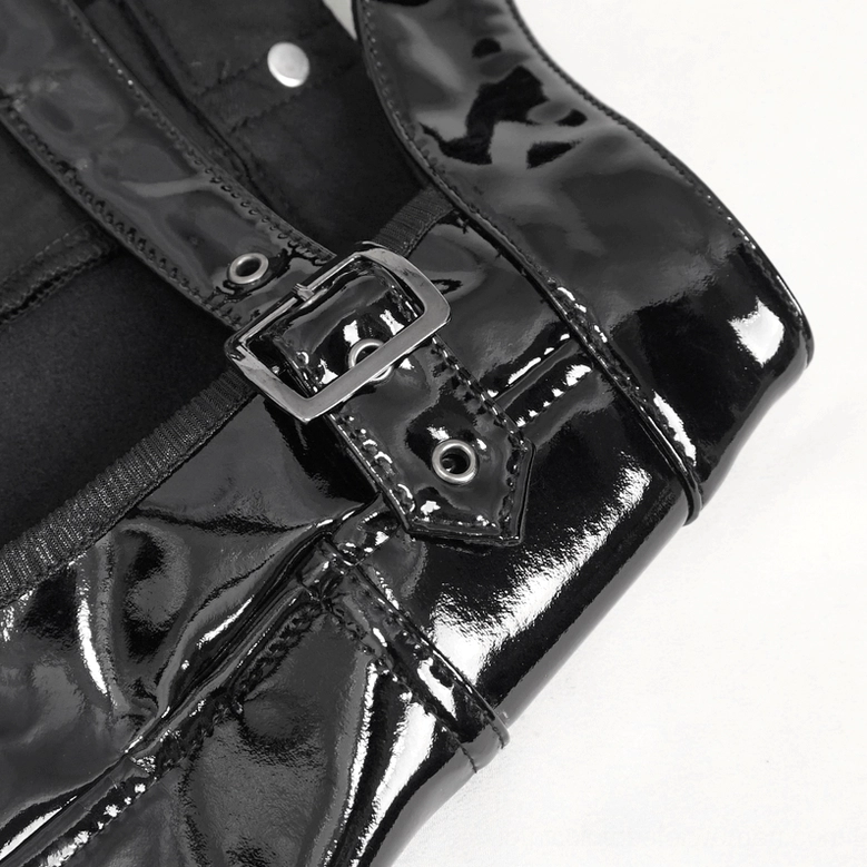 Full front flat lay display of black hollow-out gothic punk shorts on white background