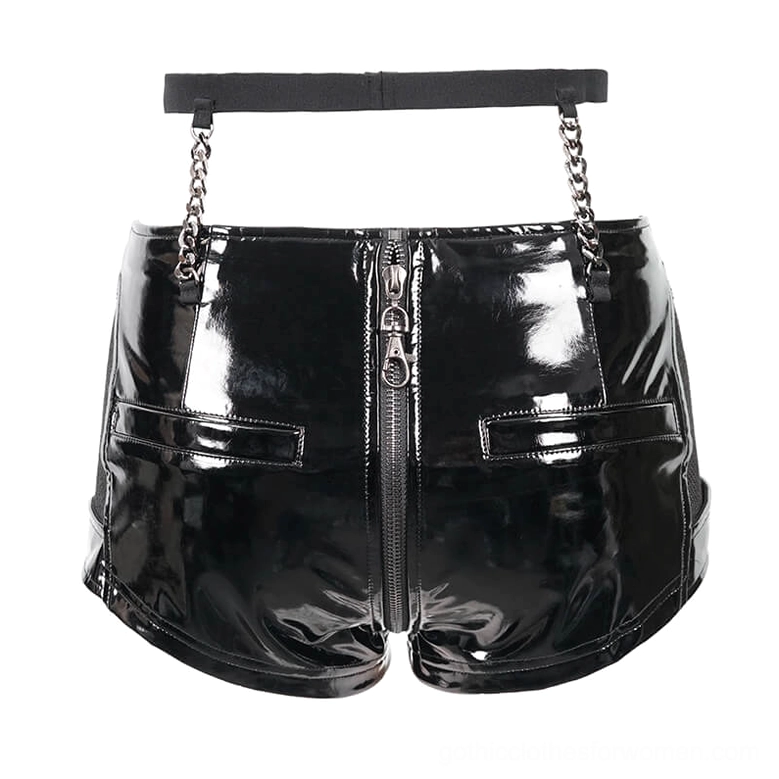 Full rear view of black leather gothic shorts with functional back pockets and metallic finish