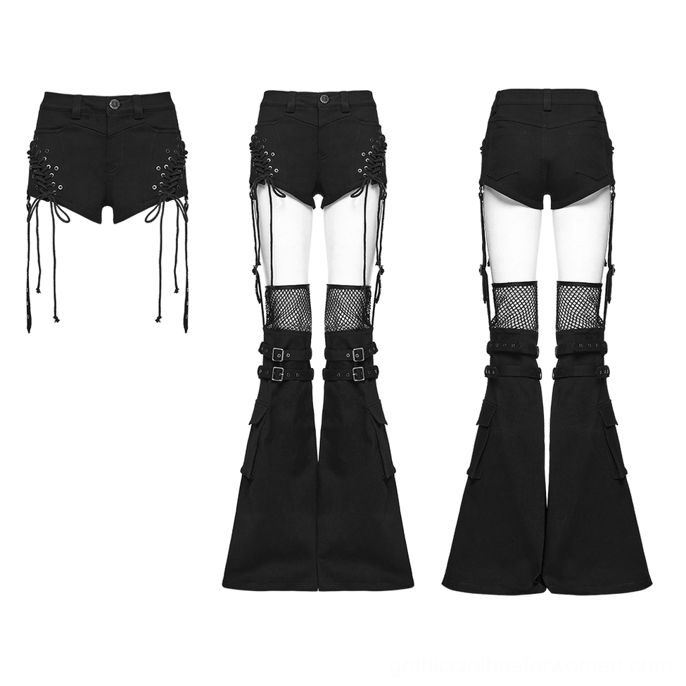 Flat lay front view of black gothic denim shorts with exposed lace-up grommets and waist button detail