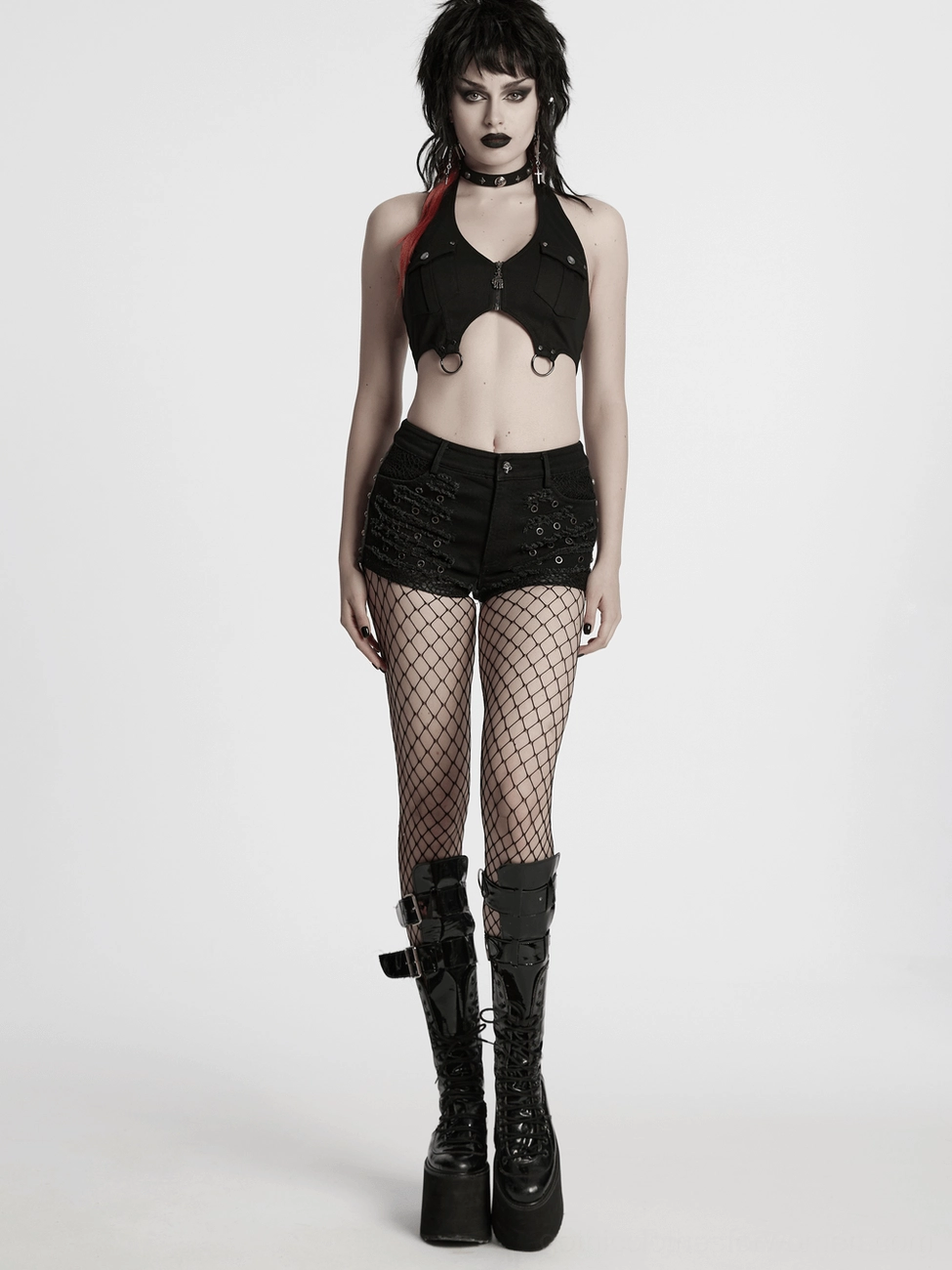 Gothic shorts detail photography highlighting the combination of distressed denim texture, metal hardware, and mesh fabric construction