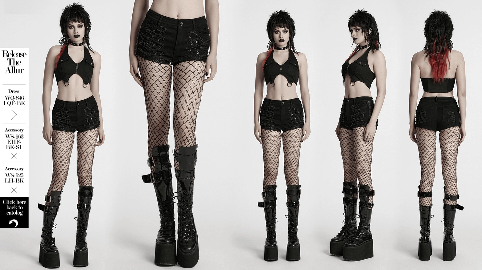 Premium product photograph of black distressed gothic shorts with metal eyelets, skull button, and complete hardware detail presentation