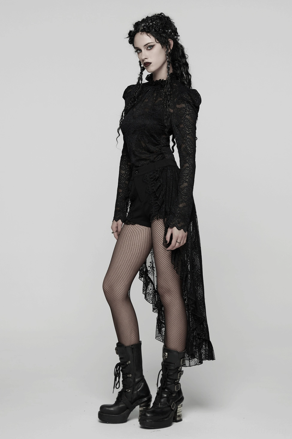 Black goth high-low lace shorts - angle view of dramatic ruffled train and layered design