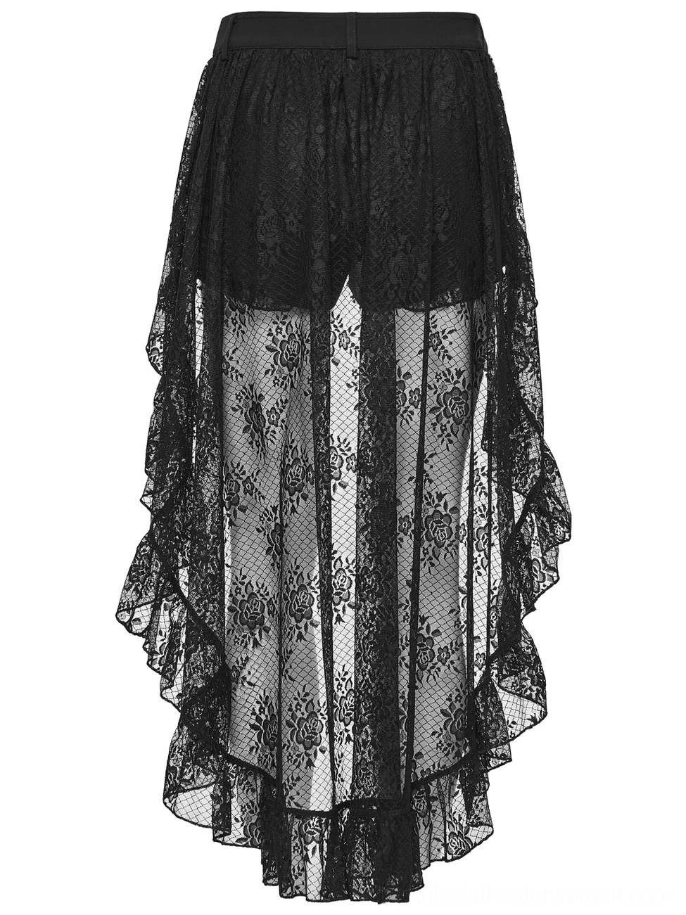 Black goth shorts sheer lace overlay detail - all-over floral lace with ruffled asymmetrical edge