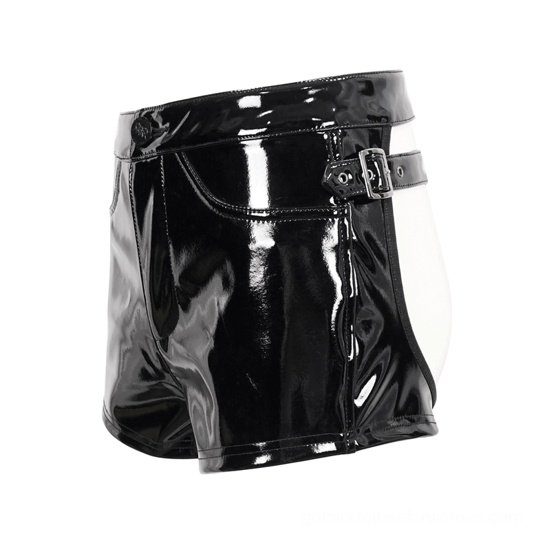 Side profile of black gothic PU shorts showing adjustable buckle strap and hollow back design