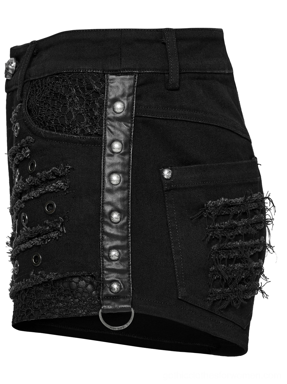 Side profile flat lay view of gothic denim shorts displaying studded leather strap with D-ring hardware and distressed frayed pocket details