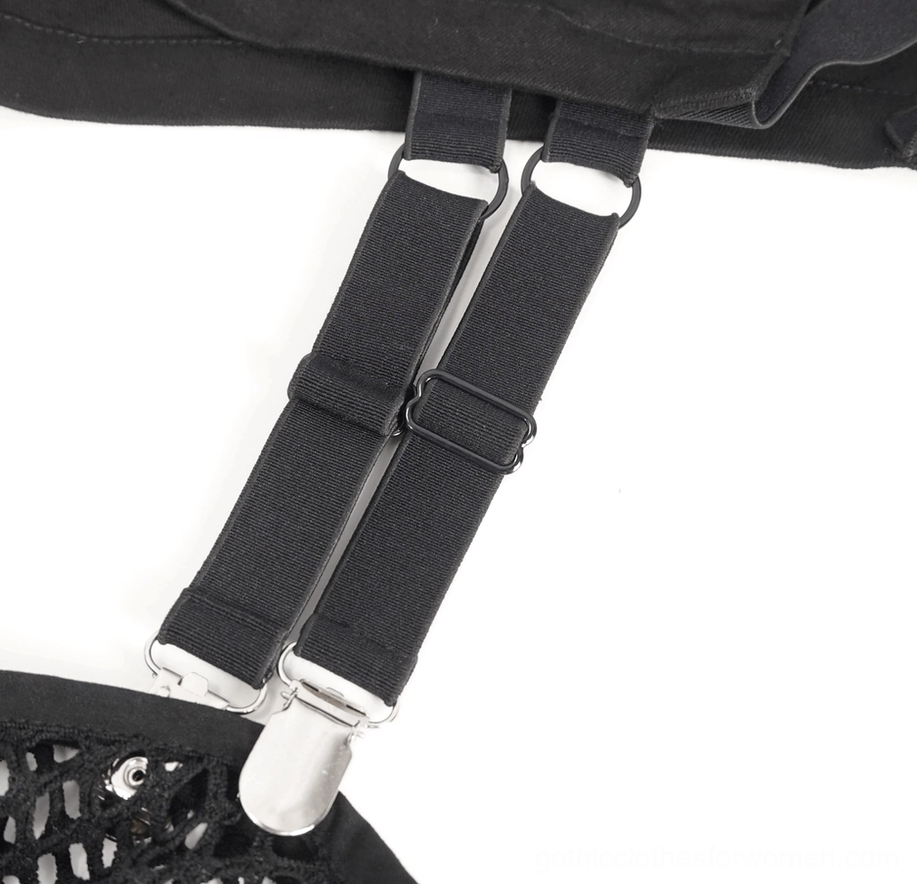 Black gothic shorts waistband detail with branded button and metal studs