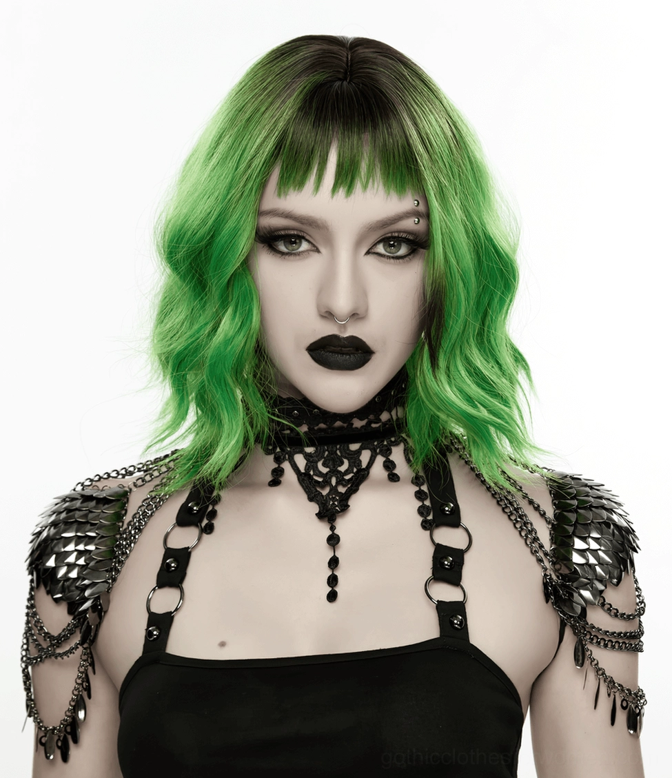 Black gothic shoulder armor choker front angle view displaying layered metal construction and decorative chain elements