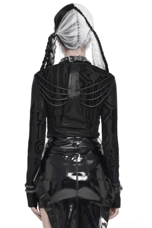 Back view of black cyberpunk mesh techwear top featuring skeleton rib cage print and open back design, styled with high-waisted leather skirt