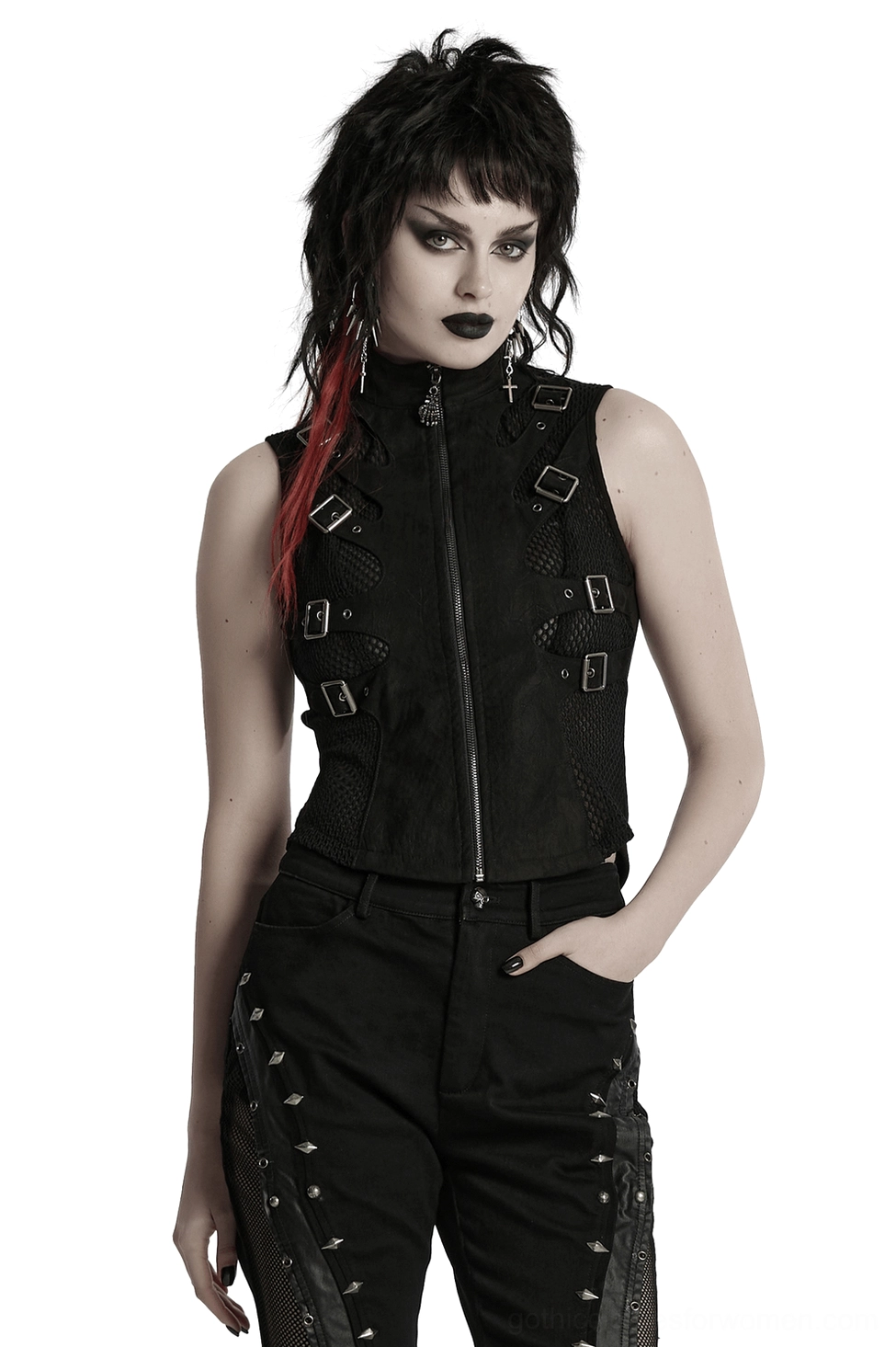 Complete back view of black skeleton cutout gothic vest on display form, showing full rear silhouette, mesh panels, buckle placement, and structured fit